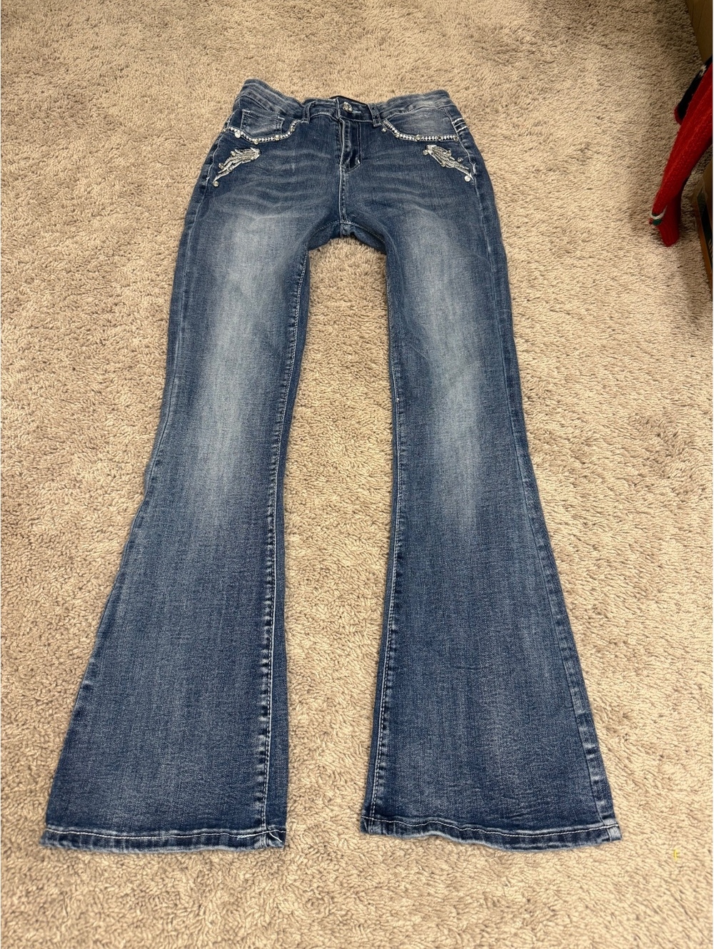 SKY Premium Collection Skull Wings Rhinestone Flare Jeans Size 7 Y2K McBling